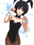  amagami animal_ears black_bow black_bowtie black_hair black_leotard bow bowtie breasts brown_eyes bunny_day cleavage dated detached_collar highres leaning_to_the_side leotard looking_at_viewer medium_breasts mitojyaneeeeyo nanasaki_ai pantyhose playboy_bunny rabbit_ears rabbit_pose short_hair strapless strapless_leotard twitter_username wrist_cuffs 