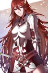  1girl armor armored_dress belt breastplate closed_mouth cordelia_(fire_emblem) delsaber dress fire_emblem fire_emblem_awakening hair_between_eyes highres holding holding_weapon lips long_hair looking_at_viewer pink_lips red_belt red_dress red_eyes red_hair shoulder_armor smile solo very_long_hair weapon wing_hair_ornament 