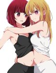  +_+ 2girls arima_kana bare_arms black_pants blonde_hair bob_cut closed_mouth highres hoshino_ruby hug inverted_bob kusana_(kusana47454281) long_hair looking_at_another multiple_girls navel one_eye_closed open_mouth oshi_no_ko pants pink_eyes red_eyes red_hair short_hair smile white_background white_pants 