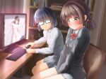  2girls black_hair blazer blush book bookshelf bow bowtie brown_hair closed_mouth collared_shirt commentary_request computer desk glasses grey_jacket grey_skirt indoors jacket keyboard_(computer) long_sleeves low_twintails monitor mouse_(computer) multiple_girls original red_bow red_bowtie school_uniform shirt short_hair sitting skirt tachiinu thighs twintails white_shirt yellow_eyes 