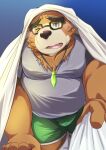  2023 anthro bear bedding belly black_nose blanket blush bottomwear brown_body brown_fur clothing eyewear fur glasses hi_res kemono lifewonders male mammal nazebesu_hobby overweight overweight_male shirt shorts solo tokyo_afterschool_summoners topwear volos 