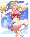  1girl absurdres ahoge arm_up armpits ass bare_legs blonde_hair blue_sky blurry blurry_background blush breasts cheerleader cleavage cleavage_cutout clothing_cutout cropped_shirt haruki_(haruki678) highres holding holding_pom_poms ibuki_tsubasa idolmaster idolmaster_million_live! large_breasts miniskirt navel outdoors outstretched_arm pom_pom_(cheerleading) red_shirt shirt shoes skirt sky sleeveless sleeveless_shirt smile sneakers solo standing standing_on_one_leg sweatdrop 