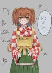  1girl absurdres apron bell book checkered_clothes checkered_kimono commentary english_commentary english_text green_skirt grey_background hair_bell hair_bobbles hair_ornament highres holding holding_book japanese_clothes kimono long_sleeves motoori_kosuzu orange_hair ourie semi-rimless_eyewear simple_background skirt solo touhou two_side_up under-rim_eyewear wide_sleeves yellow_apron 