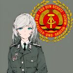  1girl akatsuki_(pixiv88284413) black_necktie blue_eyes buttons east_german grey_background grey_jacket jacket long_hair long_sleeves looking_at_viewer military military_uniform necktie original parted_lips pocket ribbon_bar simple_background solo uniform upper_body 