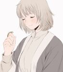  1girl animal animal_on_hand blush bug caterpillar closed_eyes closed_mouth dungeon_meshi falin_thorden frs2 grey_hair grey_jacket hand_up highres jacket long_sleeves short_hair simple_background smile upper_body white_background 