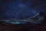  absurdres aerial_(aerial_30) blue_sky cloud cloudy_sky dark_background highres hill mountain night no_humans ocean original paint painting_(medium) shore sky traditional_media water 