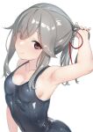  1girl breasts brown_eyes commentary_request grey_hair grey_one-piece_swimsuit hair_ribbon highres kantai_collection long_hair one-piece_swimsuit red_ribbon ribbon sakieko school_swimsuit simple_background small_breasts smile solo swimsuit upper_body usugumo_(kancolle) wet wet_clothes wet_swimsuit white_background 