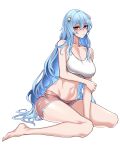  1girl absurdres ayanami_rei barefoot between_legs blue_hair blush breasts cleavage collarbone commentary_request commission dogs_(dlrkdejr26) dolphin_shorts feet full_body hair_ornament hand_between_legs highres korean_commentary large_breasts light_blue_hair long_hair looking_at_viewer navel neon_genesis_evangelion parted_lips pink_shorts red_eyes shorts sitting solo tank_top thighs transparent_background very_long_hair wariza white_tank_top 