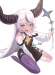  1girl absurdres ahoge ascot bare_shoulders between_legs black_horns braid braided_bangs detached_sleeves fangs hand_between_legs highres hololive horns kiwwwwwi la+_darknesss la+_darknesss_(1st_costume) long_hair looking_at_viewer multicolored_hair pantyhose pointy_ears purple_hair purple_pantyhose seiza single_leg_pantyhose sitting smile solo streaked_hair striped_horns thighhighs virtual_youtuber yellow_ascot yellow_eyes 