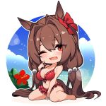  1girl animal_ears bare_shoulders barefoot bikini bikini_skirt blue_sky breasts brown_eyes brown_hair chibi cloud commentary daiwa_scarlet_(umamusume) day fang flower frilled_bikini frills front-tie_bikini_top front-tie_top hair_between_eyes hair_bobbles hair_intakes hair_ornament hair_ribbon hibiscus highres horse_ears horse_girl horse_tail large_breasts lens_flare long_hair looking_at_viewer low_twintails navel ocean one_eye_closed open_mouth outdoors red_bikini red_flower red_ribbon ribbon round_image sitting skin_fang skindentation sky smile solo swimsuit tail thighs twintails umamusume very_long_hair warashi wariza water 