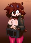  anthro big_breasts black_clothing black_eyes black_gloves black_handwear black_topwear boombox bovid breasts brown_background brown_body brown_fur cheek_tuft chest_tuft clothed clothing colored_nails ear_piercing ear_ring eyelashes facial_tuft fan_character featureless_breasts female fingerless_gloves floppy_ears fur gloves gromfrom handwear holding_object horn legwear looking_at_viewer lop_ears mammal nails open_clothing open_mouth orange_nails piercing pink_clothing pink_legwear pink_thigh_highs ring_piercing sega simple_background solo sonic_the_hedgehog_(series) tan_body tan_fur thigh_highs topwear tuft 