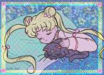  animal bishoujo_senshi_sailor_moon black_cat blonde_hair bow cat closed_eyes double_bun hair_bow hair_bun happy luna_(sailor_moon) on_bed pink_bow retro_artstyle sailor_moon sleeping smile star_(symbol) yui_(jisatsu) 