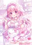 1girl :o animal_ears apron blush bow bowl breasts chiika_(cure_cherish) cleavage cupcake food frills fruit hair_bow hair_ornament heart holding holding_whisk kitchen large_breasts long_hair looking_at_viewer maid_headdress open_mouth original pink_bow pink_eyes pink_hair pink_ribbon pink_theme rabbit_ears ribbon short_sleeves skirt solo strawberry thighs two_side_up waist_apron whisk wings wrist_cuffs 
