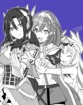  3girls :d alear_(female)_(fire_emblem) alear_(fire_emblem) black_hair blue_background closed_mouth fire_emblem fire_emblem_engage gloves greyscale hair_ornament highres long_hair looking_at_another mojiyama monochrome multiple_girls nel_(fire_emblem) short_hair simple_background skirt smile tiara very_long_hair veyle_(fire_emblem) 