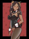  1girl :/ animal_background animal_ears black_border black_bow black_bowtie black_fur black_hair black_leotard blush body_fur border bow bowtie breasts cleavage closed_mouth dark-skinned_female dark_skin detached_collar english_commentary eyelashes facial_mark fire_emblem fire_emblem_awakening fishnet_pantyhose fishnets floppy_ears hair_around_ear heart highres large_breasts leotard long_hair mnejing30 panne_(fire_emblem) pantyhose playboy_bunny rabbit rabbit_ears rabbit_girl rabbit_tail red_background red_eyes solo standing strapless strapless_leotard tail wrist_cuffs 