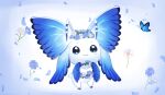  1other antennae blue_butterfly blue_eyes blue_flower bug butterfly digimon digimon_(creature) flower full_body head_wreath highres looking_at_viewer morphomon nabii_oo no_humans smile solo standing white_flower wings 