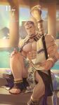  1boy abs absurdres ankh arm_tattoo armlet bara bare_pectorals bathhouse black_hair blurry blurry_background bracer closed_mouth crave_saga dark-skinned_male dark_skin dated egyptian_clothes facial_hair facial_mark forehead_mark goatee gorou_naoki hand_on_own_knee hieroglyphics highres holding holding_staff jewelry loincloth looking_at_viewer male_focus multicolored_hair muscular muscular_male necklace nipples pectorals sandals shendyt short_hair sitting sitting_on_stairs smile solo staff stairs tattoo thick_eyebrows thick_thighs thighs uas_(crave_saga) undercut usekh_collar veins veiny_arms veiny_pectorals 