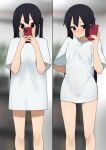  1girl absurdres black_hair blurry blurry_background blush breasts brown_eyes cellphone commentary commission embarrassed feet_out_of_frame highres holding holding_phone k-on! kicchi_(tmgk) long_hair meme multiple_views nakano_azusa pajamas_challenge_(meme) phone selfie shirt short_sleeves skeb_commission small_breasts smartphone sweat taking_picture twintails white_shirt 