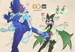  ambiguous_gender anthro biped blue_body crotch_shot duo exclamation_point fangs fight generation_9_pokemon green_body hi_res looking_down male meowscarada nintendo open_mouth pawpads pink_eyes pokemon pokemon_(species) quaquaval question_mark simple_background teeth tenebscuro white_body 
