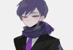  1boy black_jacket blush brown_eyes closed_mouth commentary_request jacket lobotomy_corporation looking_at_viewer male_focus necktie project_moon purple_hair purple_necktie purple_scarf scarf shirt short_hair simple_background smile solo tendenbarabara white_background white_shirt yesod_(project_moon) 