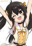  1girl ;d armpits black_footwear black_hair bow collarbone commentary_request hair_bow highres idol idolmaster idolmaster_cinderella_girls idolmaster_cinderella_girls_u149 long_hair matoba_risa one_eye_closed roccamoya smile solo striped striped_bow sweat twintails twitter_username yellow_eyes 