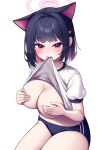  1girl absurdres animal_ears biting biting_clothes black_hair blue_archive blush breasts buruma cat_ears cleavage clothes_lift covering_nipples hair_ornament hairclip halo highres kazusa_(blue_archive) looking_at_viewer metaljelly multicolored_hair navel pink_hair red_eyes short_hair simple_background solo two-tone_hair white_background 