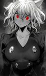  1girl absurdres animal_ears breasts buttons collarbone eyelashes greyscale hair_between_eyes highres hunter_x_hunter looking_at_viewer medium_breasts monochrome neferpitou niwarhythm parted_lips red_eyes shirt short_hair simple_background solo spot_color upper_body v-neck 