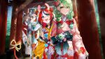  4girls absurdres animal_ears black_hair braid brown_hair ceres_fauna ceres_fauna_(new_year) closed_mouth commentary english_commentary floral_print floral_print_kimono from_behind furisode green_hair hakos_baelz hakos_baelz_(new_year) highres holocouncil hololive hololive_english japanese_clothes kimono low_twin_braids mouse_ears mouse_girl mouse_tail moyomo multicolored_hair multiple_girls multiple_torii nanashi_mumei nanashi_mumei_(new_year) official_alternate_hair_length official_alternate_hairstyle open_mouth ouro_kronii ouro_kronii_(new_year) red_hair ribbon sharp_teeth smile streaked_hair tail tail_ornament tail_ribbon teeth torii twin_braids virtual_youtuber white_hair white_kimono 