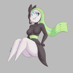  1:1 2023 absurd_res anthro blue_eyes butt clothed clothing digital_media_(artwork) dmoon female generation_5_pokemon genitals green_hair hair hand_on_hip hi_res humanoid legendary_pokemon long_hair looking_at_viewer mammal meloetta nintendo not_furry pokemon pokemon_(species) pussy simple_background smile solo thick_thighs white_body 