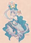  1girl aji_fry apron back_bow blue_bow blue_eyes blue_footwear blue_hair blue_thighhighs blush bow covering_mouth cure_spicy cure_spicy_(party_up_style) delicious_party_precure elbow_gloves footwear_bow full_body fuwa_kokone gloves highres huge_bow long_hair magical_girl multicolored_hair pam-pam_(precure) pink_hair precure puffy_short_sleeves puffy_sleeves short_sleeves side_ponytail solo streaked_hair thighhighs very_long_hair white_gloves 