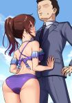  1boy 1girl ass back bikini blue_bikini blue_eyes blue_sky blush breasts brown_hair business_suit cleavage cloud collarbone commentary_request day formal frilled_bikini frills hands_on_another&#039;s_stomach highres idolmaster idolmaster_million_live! idolmaster_million_live!_theater_days jewelry kamille_(vcx68) leaning_on_person looking_at_another looking_up medium_breasts nail_polish necklace necktie no_eyes open_mouth outdoors pearl_necklace pink_nails ponytail producer_(idolmaster) satake_minako sidelocks sky smile squeezing standing suit sweat sweatdrop swimsuit thighs underboob 