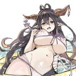  1girl antenna_hair bandaged_arm bandages bikini black_hair breasts brown_eyes cropped_legs danua danua_(summer)_(granblue_fantasy) draph fang front-tie_bikini_top front-tie_top gorirago granblue_fantasy highres horn_ornament horns large_breasts long_hair looking_at_viewer messy_hair nipples open_mouth pointy_ears see-through side-tie_bikini_bottom simple_background solo swimsuit very_long_hair white_bikini 
