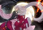  2girls absurdly_long_hair baggy_pants barefoot black_hair branch commentary_request crying crying_with_eyes_open fire frilled_sleeves frills fujiwara_no_mokou grey_hair hand_on_another&#039;s_cheek hand_on_another&#039;s_face highres houraisan_kaguya huge_moon jeweled_branch_of_hourai long_hair long_sleeves mokoiscat moon multiple_girls night night_sky open_mouth outdoors pants petticoat pink_shirt red_eyes red_pants red_skirt shirt skirt sky tears touhou very_long_hair wide_sleeves 
