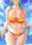  1girl alternate_costume ass_visible_through_thighs beach bikini breasts cleavage elincia_ridell_crimea elincia_ridell_crimea_(summer) fire_emblem fire_emblem:_radiant_dawn fire_emblem_heroes green_hair head_out_of_frame highres large_breasts long_hair official_alternate_costume orange_bikini outdoors revolverwing smile swimsuit thick_thighs thighs undressing water wet 