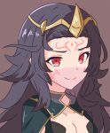  1girl black_hair breasts circlet cleavage facial_mark facing_to_the_side fire_emblem fire_emblem_fates highres long_hair looking_to_the_side nyx_(fire_emblem) red_eyes small_breasts smile solo tavi_(hosheezus) veil 