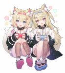  2girls animal_ear_fluff animal_ears asymmetrical_legwear black_jacket blonde_hair blue_eyes collar controller cropped_jacket cropped_shirt dog_ears dog_tail dress frilled_shorts frills fur-trimmed_jacket fur_trim fuwawa_abyssgard game_controller hair_ornament hairband hairpin highres hololive hololive_english jacket long_hair medium_hair mismatched_legwear mococo_abyssgard multicolored_hair multiple_girls pink_eyes shirt shoes short_shorts shorts siblings sibyl single_thighhigh sisters sitting sneakers socks spiked_collar spikes streaked_hair tail thighhighs twins virtual_youtuber white_background white_dress white_shirt white_shorts x_hair_ornament 