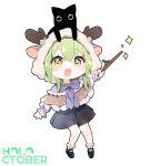  1girl :d animal_ears animal_hood animal_on_head bare_shoulders black_skirt bobby_socks cat cat_on_head ceres_fauna ceres_fauna_(jirai_kei) chibi commentary deer_hood fake_animal_ears fake_horns frilled_socks frills full_body green_hair highres holding holding_stick hololive hololive_english hood hood_up horned_hood horns long_hair long_sleeves looking_at_viewer mary_janes miniskirt nano_(nanojyaa) official_alternate_costume on_head open_mouth shirt shoes simple_background skirt smile snail_(ceres_fauna) socks solo stick virtual_youtuber white_background white_shirt yellow_eyes 