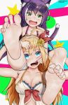  2girls ahoge animal_ears artist_name bare_shoulders barefoot blonde_hair blue_eyes blush breasts carrying cat_ears cat_girl cat_tail cleavage eyelashes eyewear_on_head fang feet hairband highres karyl_(princess_connect!) long_hair medium_breasts multicolored_background multiple_girls open_mouth patreon_username patterned_background pecorine_(princess_connect!) princess_connect! purple_hair shorts shoulder_carry small_breasts soles spread_toes tail toe_scrunch toes twitter_username ueharam wavy_mouth white_hairband white_shorts 