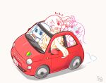  4girls blonde_hair blue_hair bocchi_the_rock! cellphone commentary_request cube_hair_ornament driving fiat fiat_500 gotoh_hitori hair_ornament hanomido highres ijichi_nijika kita_ikuyo map multiple_girls official_style one_eye_closed phone pink_hair red_car red_hair scared selfie smartphone steering_wheel white_background yamada_ryo 