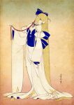  1girl absurdly_long_hair adapted_costume artoria_caster_(fate) artoria_caster_(swimsuit)_(fate) artoria_pendragon_(fate) bare_shoulders barefoot blonde_hair blue_bow blue_kimono blush bow breasts cleavage commentary_request expressionless fate/grand_order fate_(series) full_body gradient_background green_eyes hair_bow head_tilt highres japanese_clothes kimono long_hair looking_at_viewer nihonga ono_tako signature small_breasts solo toes two-tone_kimono ukiyo-e very_long_hair white_kimono wide_sleeves 