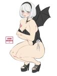  1girl artist_name bare_shoulders bat_wings black_footwear black_hairband black_leotard blue_eyes blush bob_cut breasts cleavage crossed_arms full_body hair_between_eyes hairband highres kamii_momoru leotard lips looking_to_the_side medium_breasts nier:automata nier_(series) sandals short_hair solo squatting strapless strapless_leotard thighs toeless_footwear toned wedge_heels white_background white_hair wings yorha_no._2_type_b 