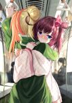  2girls absurdres ahoge blonde_hair blue_eyes bow coat commentary_request from_behind green_coat green_scarf hair_bow highres hug long_hair looking_at_viewer multiple_girls original people pink_scarf red_hair scarf short_hair standing train_interior wanashi_tam white_coat yuri 