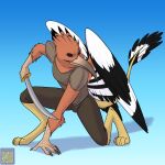  anthro avian beak bird black_sclera bucerotiform clothed clothing feathers foxenawolf gradient_background gryphon hoopoe male melee_weapon membrane_(anatomy) membranous_wings mythological_avian mythology scuted_arms scutes simple_background solo sword weapon wings 