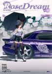  1girl animal_ears black_skirt black_thighhighs boots color_guide english_text exhaust_pipe floral_background full_body hand_on_own_hip hat highres holding holding_umbrella horse_ears horse_girl horse_tail long_hair long_sleeves mazda mazda_rx-7 mazda_rx-7_fd motor_vehicle one_eye_covered poster_(medium) product_placement purple_car purple_eyes rice_shower_(umamusume) run_rotary shadow shirt simple_background skirt solo standing tail thighhighs umamusume umbrella white_background white_footwear white_shirt 