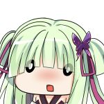  1girl blunt_bangs blush butterfly_hair_ornament chibi clip_studio_paint_(medium) close-up commentary_request eyes_visible_through_hair green_eyes hair_ornament hair_ribbon long_hair looking_at_viewer makochan42 murasame_(senren) o_o open_mouth red_ribbon ribbon senren_banka sidelocks solo square_mouth surprised transparent_background two_side_up 