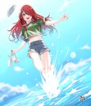  1girl akira_miku_ver barefoot black_hair crop_top denim denim_shorts green_shirt grey_eyes hair_over_one_eye highres holding holding_shoes lain_paterson long_hair multicolored_hair nijisanji open_mouth red_hair red_nails shirt shoes shorts smile solo splashing streaked_hair unworn_shoes virtual_youtuber water 