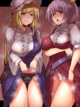  2girls belt black_panties blonde_hair blue_dress blush breasts brown_background closed_mouth commentary_request dress highres large_breasts long_hair looking_at_viewer multiple_girls open_mouth panties pink_eyes ponytail purple_hair red_dress shirt siblings single_strap sisters smile starraisins touhou underwear watatsuki_no_toyohime watatsuki_no_yorihime white_headwear white_panties white_shirt yellow_eyes 