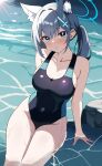  1girl absurdres akagi_koku animal_ear_fluff animal_ears blue_archive blue_eyes breasts cleavage competition_swimsuit covered_navel cross_hair_ornament extra_ears grey_hair hair_ornament halo highres medium_breasts mismatched_pupils one-piece_swimsuit parted_lips shiroko_(blue_archive) shiroko_(swimsuit)_(blue_archive) side_ponytail sitting solo swimsuit thighs water wet wolf_ears 