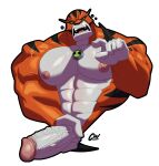  2023 abs absurd_res alien anthro appoplexian barazoku ben_10 big_muscles big_pecs cartoon_network charcoalwaffle26 erection felid fur genitals gesture half-length_portrait hi_res holding_penis looking_at_viewer male mammal muscular muscular_anthro muscular_male nubbed_penis orange_body orange_fur pantherine pecs penis pointing pointing_at_viewer portrait rath_(ben_10) simple_background solo striped_body striped_fur stripes tiger vein veiny_penis white_background 