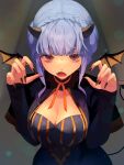  1girl alternate_costume aoisu_ao bags_under_eyes black_horns black_nails blue_hair blunt_bangs braid breasts brown_eyes cleavage commentary_request crown_braid demon_tail demon_wings dress fake_horns fake_tail fake_wings fang fingernails fire_emblem fire_emblem:_three_houses halloween halloween_costume highres horns large_breasts long_sleeves looking_at_viewer marianne_von_edmund open_mouth short_hair sidelocks solo tail wings 